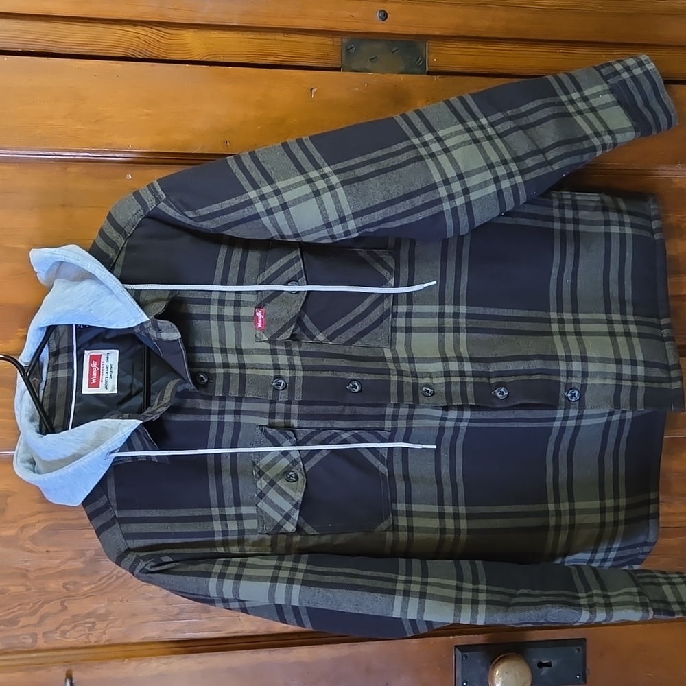 Wrangler Brown and Green Plaid Shirt Jacket with Hood